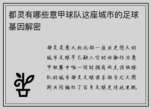 都灵有哪些意甲球队这座城市的足球基因解密