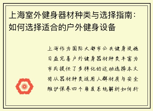 上海室外健身器材种类与选择指南：如何选择适合的户外健身设备